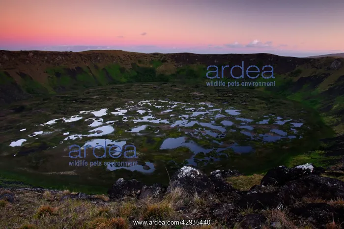 : Caldera of Rano Kau volcano, 1.6 km across, with : Caldera of Rano Kau volcano, 1.6 km across, with