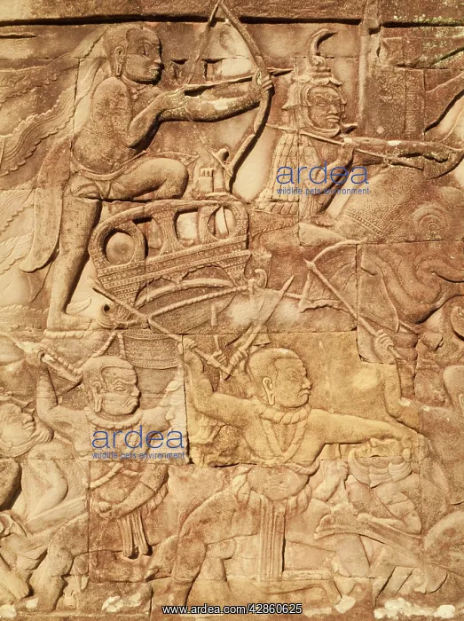 : Cambodia - Bas-relief with battle scenes in the : Cambodia - Bas-relief with battle scenes in the