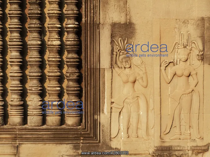 : Cambodia - Blind window with colonettes and Devatas : Cambodia - Blind window with colonettes and Devatas