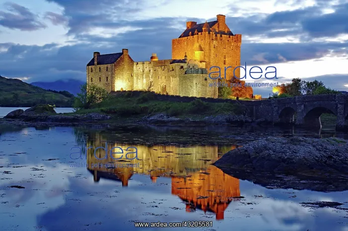 : Castle with bridge is lit differently at dusk, Eilean : Castle with bridge is lit differently at dusk, Eilean