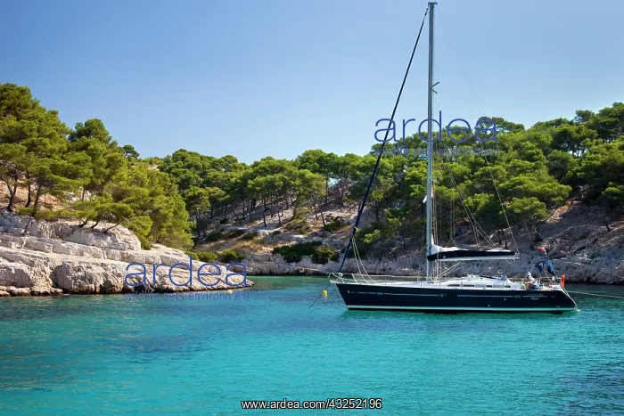 : Catamaran moored in the Calanques near Cassis : Catamaran moored in the Calanques near Cassis