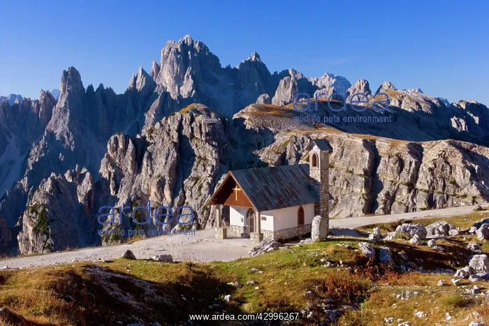 : Chapel - in front of the Cadini Group massif in : Chapel - in front of the Cadini Group massif in