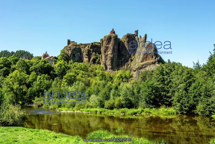 : Chapel and castle of Arlempdes on river Loire, Les : Chapel and castle of Arlempdes on river Loire, Les