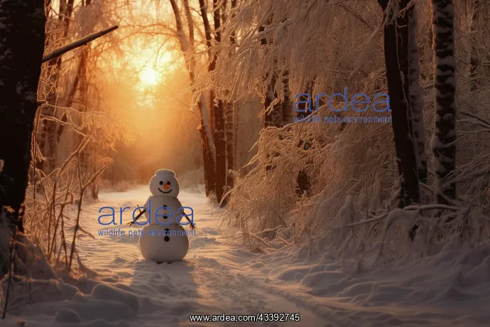 : A cheerful looking snowman stands in a forest, snow : A cheerful looking snowman stands in a forest, snow