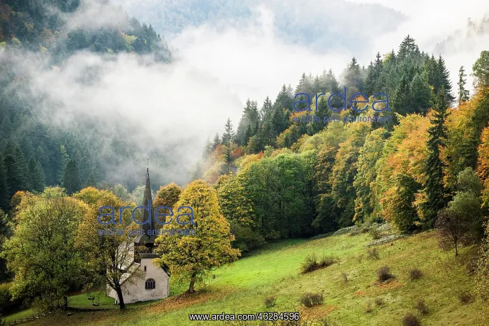 : Church in fog in the H&, x1acb25;ntal valley, autumn : Church in fog in the H&, x1acb25;ntal valley, autumn