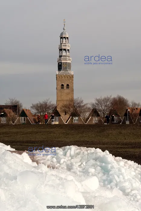 : The church of Hindeloopen with drifting ice in foreground : The church of Hindeloopen with drifting ice in foreground