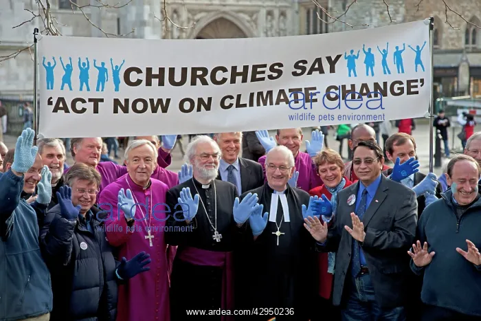 : Church leaders with banner outside Houses of Parliament : Church leaders with banner outside Houses of Parliament