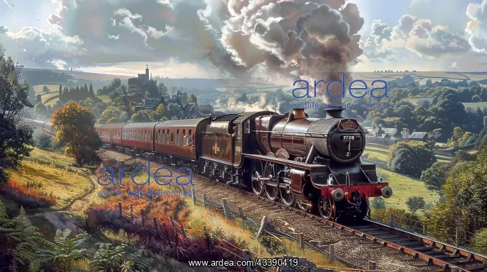 : A classic steam locomotive moves along a track on : A classic steam locomotive moves along a track on