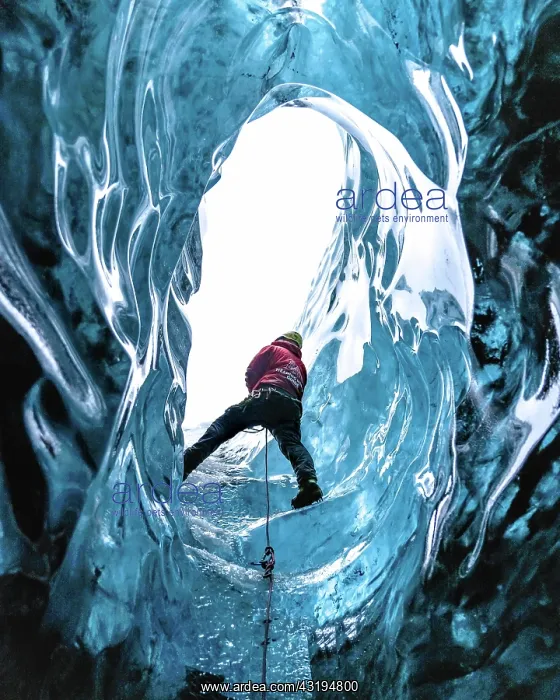 : Climber in an ice cave, Vatnajnkull glacier, Iceland : Climber in an ice cave, Vatnajnkull glacier, Iceland