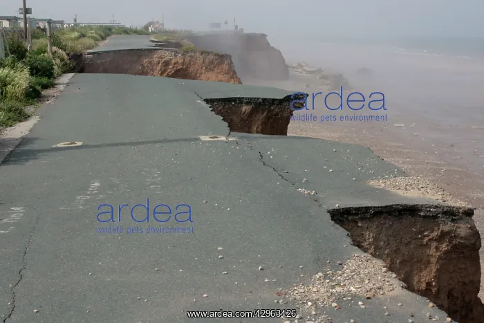 : Collapsed tarmac road following cliff erosion on : Collapsed tarmac road following cliff erosion on