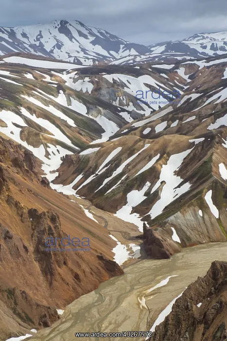: Colored rhyolite mountains with remains of snow : Colored rhyolite mountains with remains of snow