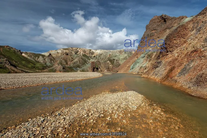 : Colored rhyolite mountains, river Jnkulgilskvisl : Colored rhyolite mountains, river Jnkulgilskvisl