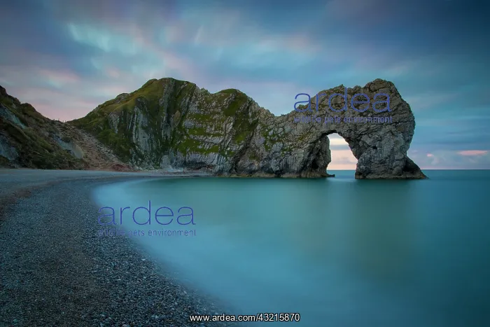 : Colorful sky at dawn over Durdle Door along the : Colorful sky at dawn over Durdle Door along the