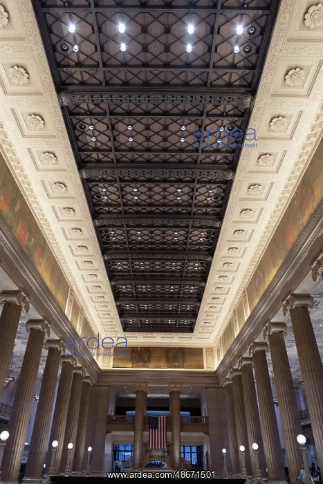 : Columns and ornate ceiling of Wintrust Grand Banking Hall on : Columns and ornate ceiling of Wintrust Grand Banking Hall on