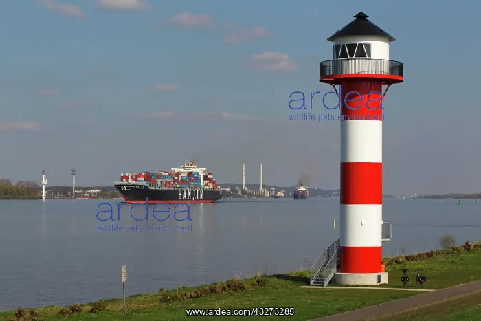 : Container ships on the Elbe River pass lighthouse : Container ships on the Elbe River pass lighthouse