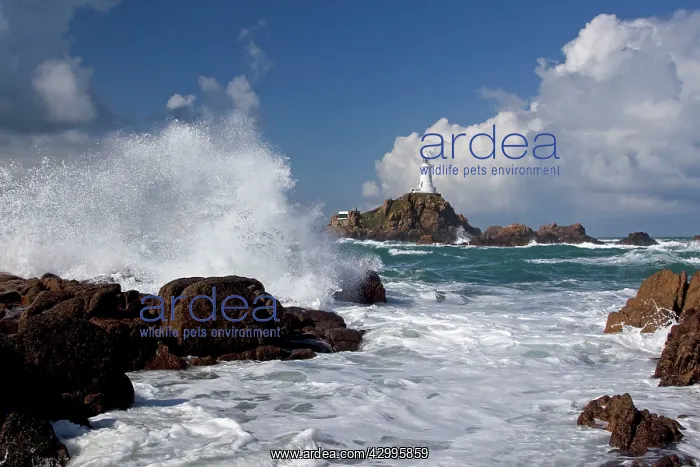 : Corbiere Lighthouse - showing tide over causeway : Corbiere Lighthouse - showing tide over causeway