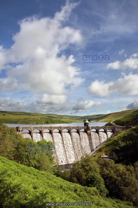 : Craig Goch Dam - showing excess water flowing through : Craig Goch Dam - showing excess water flowing through