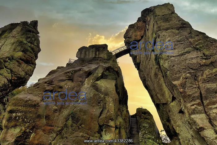 : Cultural monument Externsteine, stairs, bridge : Cultural monument Externsteine, stairs, bridge