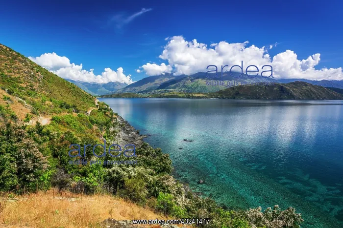 : Cycling the shore of Lake Wanaka, Otago, South Island : Cycling the shore of Lake Wanaka, Otago, South Island