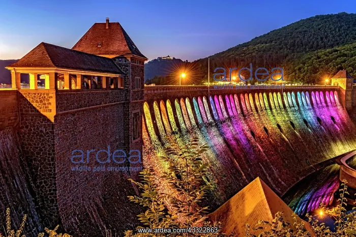 : Dam in the evening light, rainbow-coloured colourful : Dam in the evening light, rainbow-coloured colourful