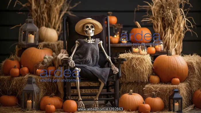 : Decorated halloween porch with pumpkins, hay bails : Decorated halloween porch with pumpkins, hay bails