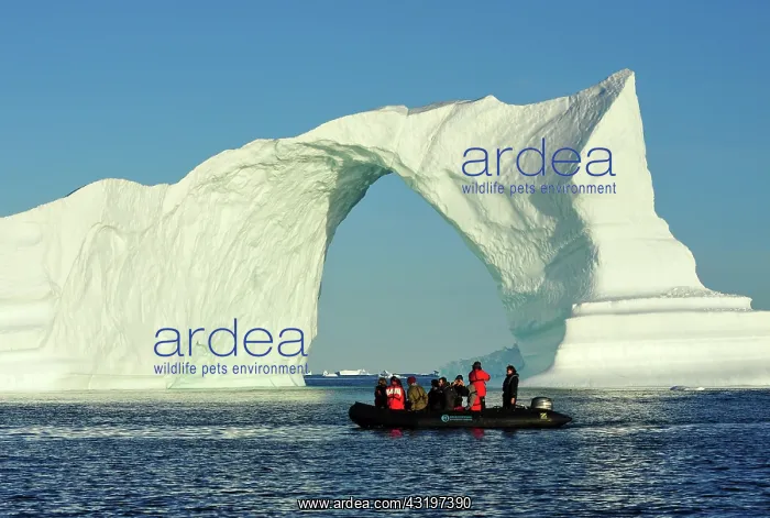 : Denmark. Greenland. West coast. Zodiac near an arch : Denmark. Greenland. West coast. Zodiac near an arch