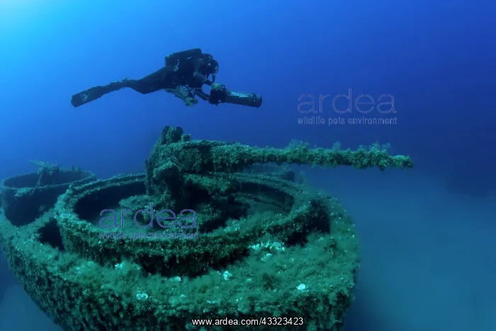: Diver exploring with scooter the bow with machine gun of the : Diver exploring with scooter the bow with machine gun of the