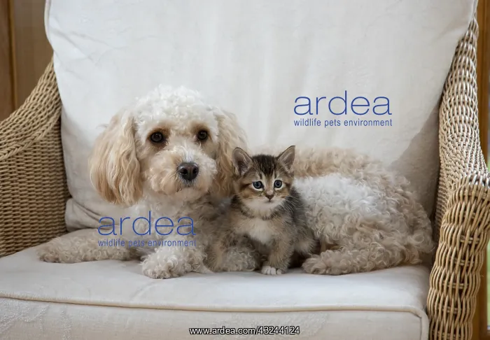  : DOG. Cavapoo with a tabby kitten in a chair