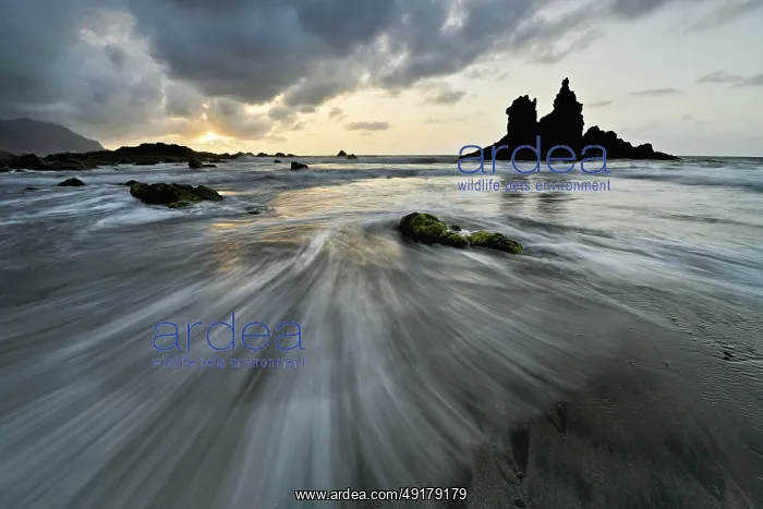 : Dramatic cloudy atmosphere with rock formation at rising tide at sunset on the beach of Playa de Benijo : Dramatic cloudy atmosphere with rock formation at rising tide at sunset on the beach of Playa de Benijo