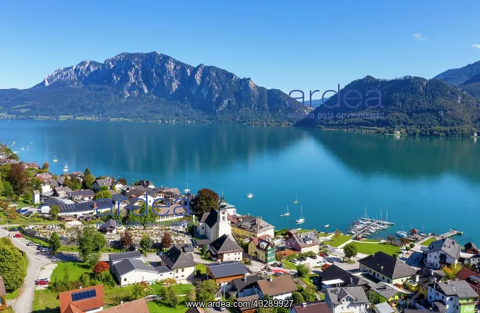 : Drone recording, Unterach am Attersee with Hollengebirge : Drone recording, Unterach am Attersee with Hollengebirge