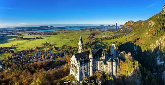 : Drone shot, Neuschwanstein Castle in autumn, Forggensee : Drone shot, Neuschwanstein Castle in autumn, Forggensee