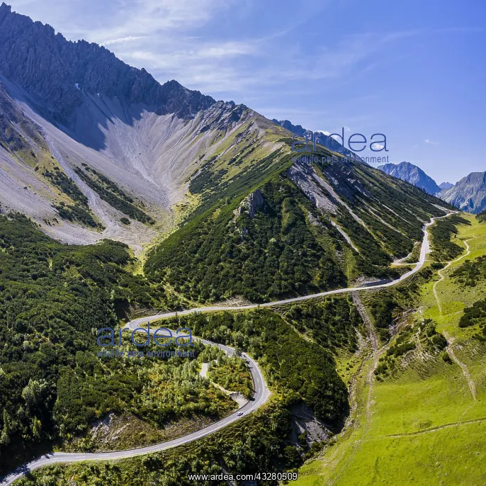 : Drone shot, winding mountain road, Hahntennjoch : Drone shot, winding mountain road, Hahntennjoch