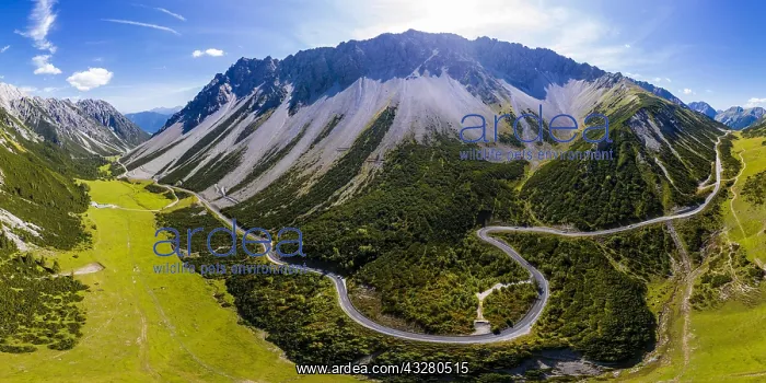 : Drone shot, winding mountain road, Hahntennjoch : Drone shot, winding mountain road, Hahntennjoch