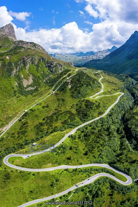 : Drone shot, winding road, Silvretta high alpine : Drone shot, winding road, Silvretta high alpine