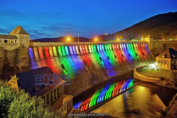 : The Edersee dam wall illuminated by LED spotlights : The Edersee dam wall illuminated by LED spotlights