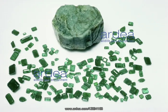 : Emeralds. Cut and uncut emeralds from Bahia, Brazil : Emeralds. Cut and uncut emeralds from Bahia, Brazil