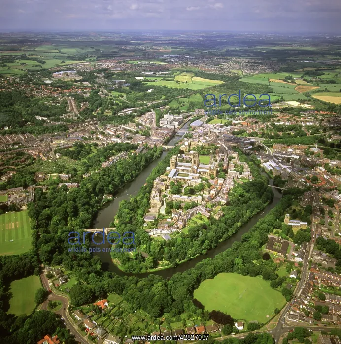 : England - Aerial view, Durham Castle, Cathedral and city : England - Aerial view, Durham Castle, Cathedral and city