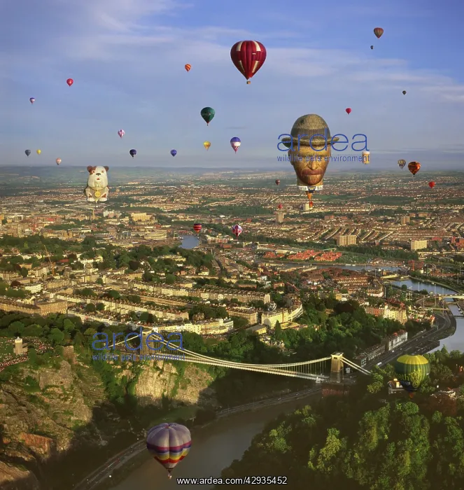 : England - Aerial view, Hot-air Balloons over Clifton : England - Aerial view, Hot-air Balloons over Clifton