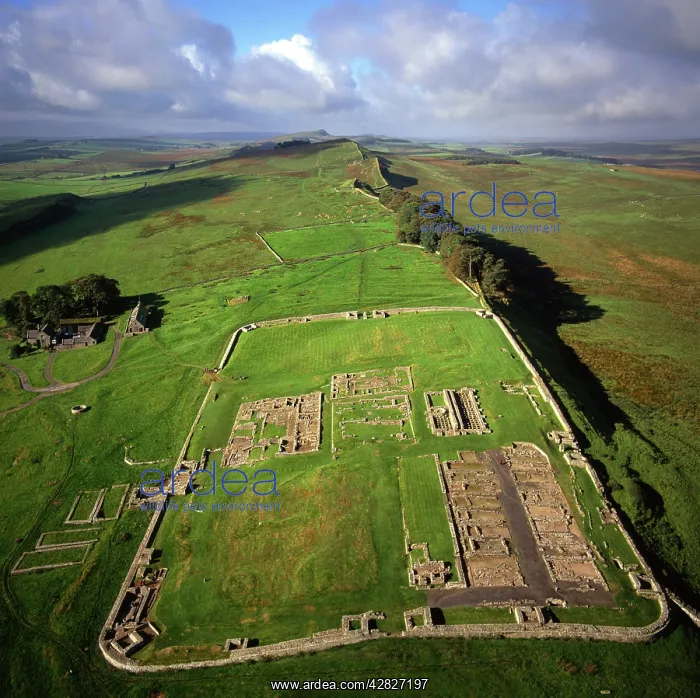 : England - Aerial view, Housesteads Roman Fort and : England - Aerial view, Housesteads Roman Fort and