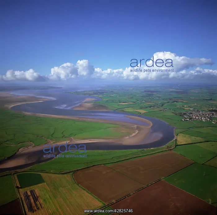 : England - Aerial view, The River Esk entering Solway : England - Aerial view, The River Esk entering Solway