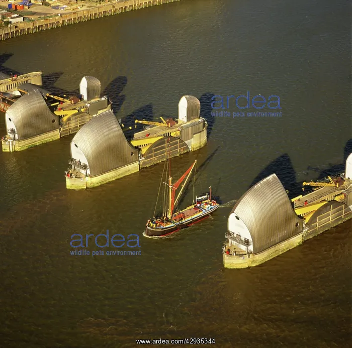 : England - Aerial view, Thames barrier and Thames Barge : England - Aerial view, Thames barrier and Thames Barge