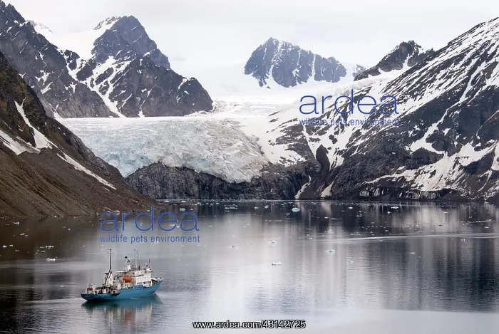 : Expedition ship lies at anchor in a fjord surrounded by snow : Expedition ship lies at anchor in a fjord surrounded by snow
