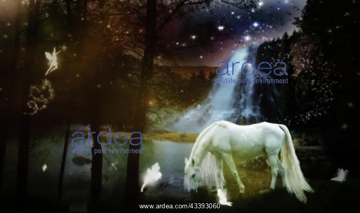 : Fairyland, inicorn with fairy on lake in the for : Fairyland, inicorn with fairy on lake in the for