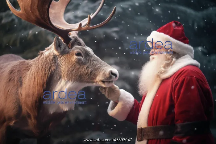 : Father Christmas with reindeer in a wintery forest : Father Christmas with reindeer in a wintery forest