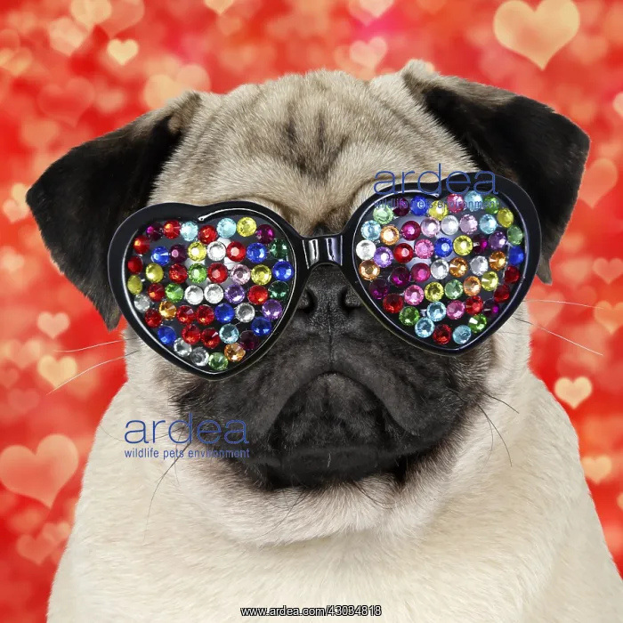 : Fawn Pug Dog wearing heart shaped disco sunglasses : Fawn Pug Dog wearing heart shaped disco sunglasses