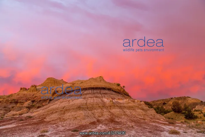: Fiery sunrise clouds over badlands at dawn : Fiery sunrise clouds over badlands at dawn