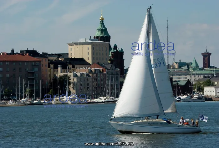 : Finland, Helsinki. Sailboat in harbor with : Finland, Helsinki. Sailboat in harbor with