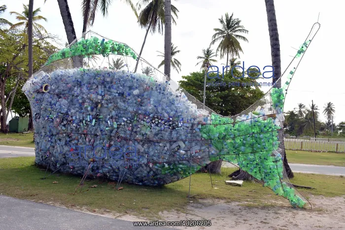 : Fish made from discarded plastic bottles inside : Fish made from discarded plastic bottles inside