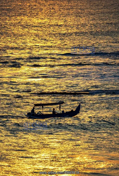 : Fishing boat returning to shore in a blaze of gold sunset : Fishing boat returning to shore in a blaze of gold sunset