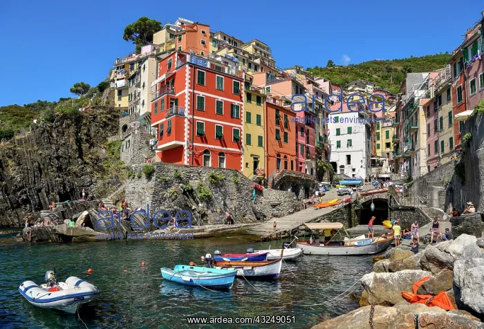 : Fishing boats in the harbour of Riomaggiore, village : Fishing boats in the harbour of Riomaggiore, village